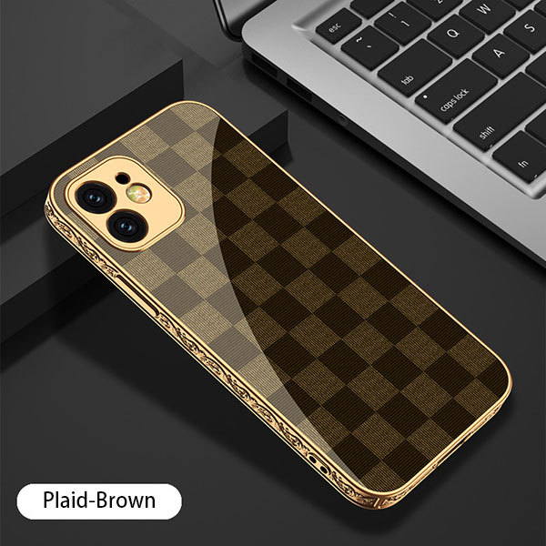 plaid brown tempered glass iphone 12 series case