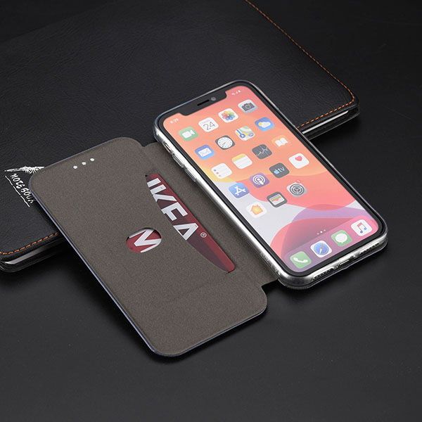 life scene display of leather flip iphone case