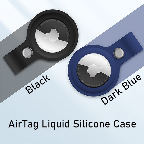 liquid silicone airtag case in black and dark blue