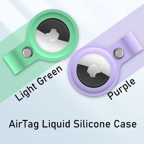 liquid silicone airtag case in light green and purple