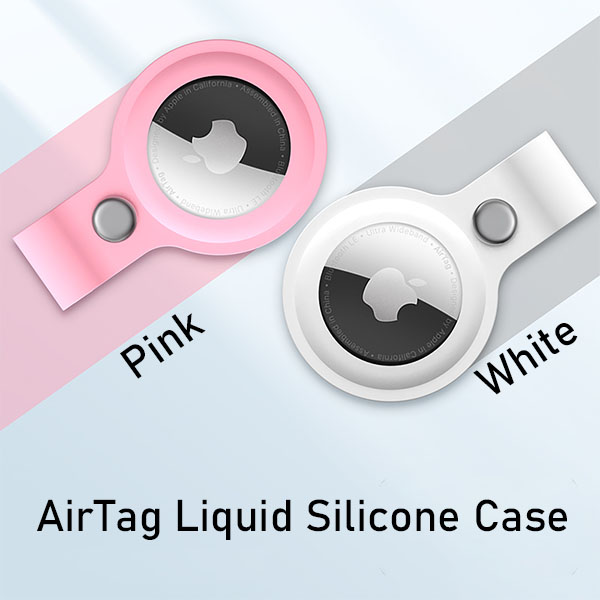 liquid silicone airtag case in pink and white