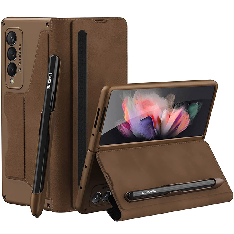 wowacase Exquisite Samsung Z Fold 2 Case with Pen (Color: Brown)