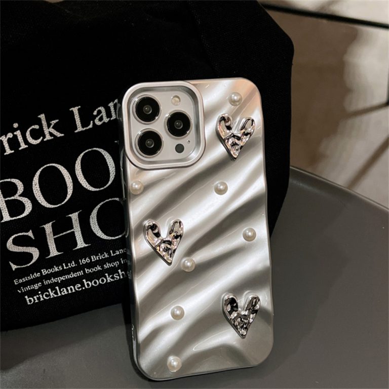 Water Ripple Silver iPhone Case With Hearts And Pearls wowacase